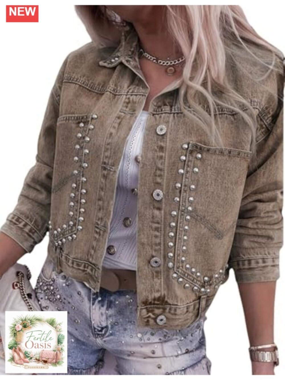 Women's Cropped Denim Jacket with Studs, Vintage Rivet Jean Coat